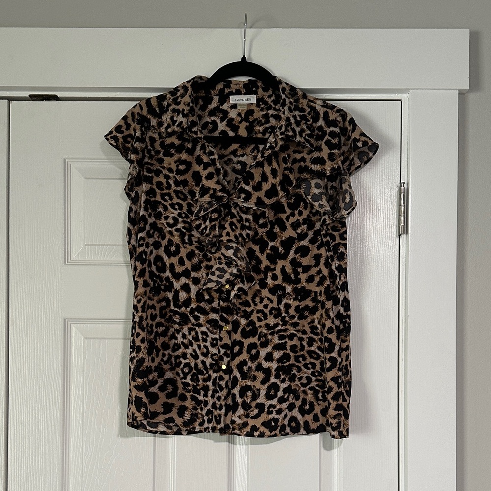 Calvin Klein Leopard Print Ruffle Front Blouse - Brown & Black